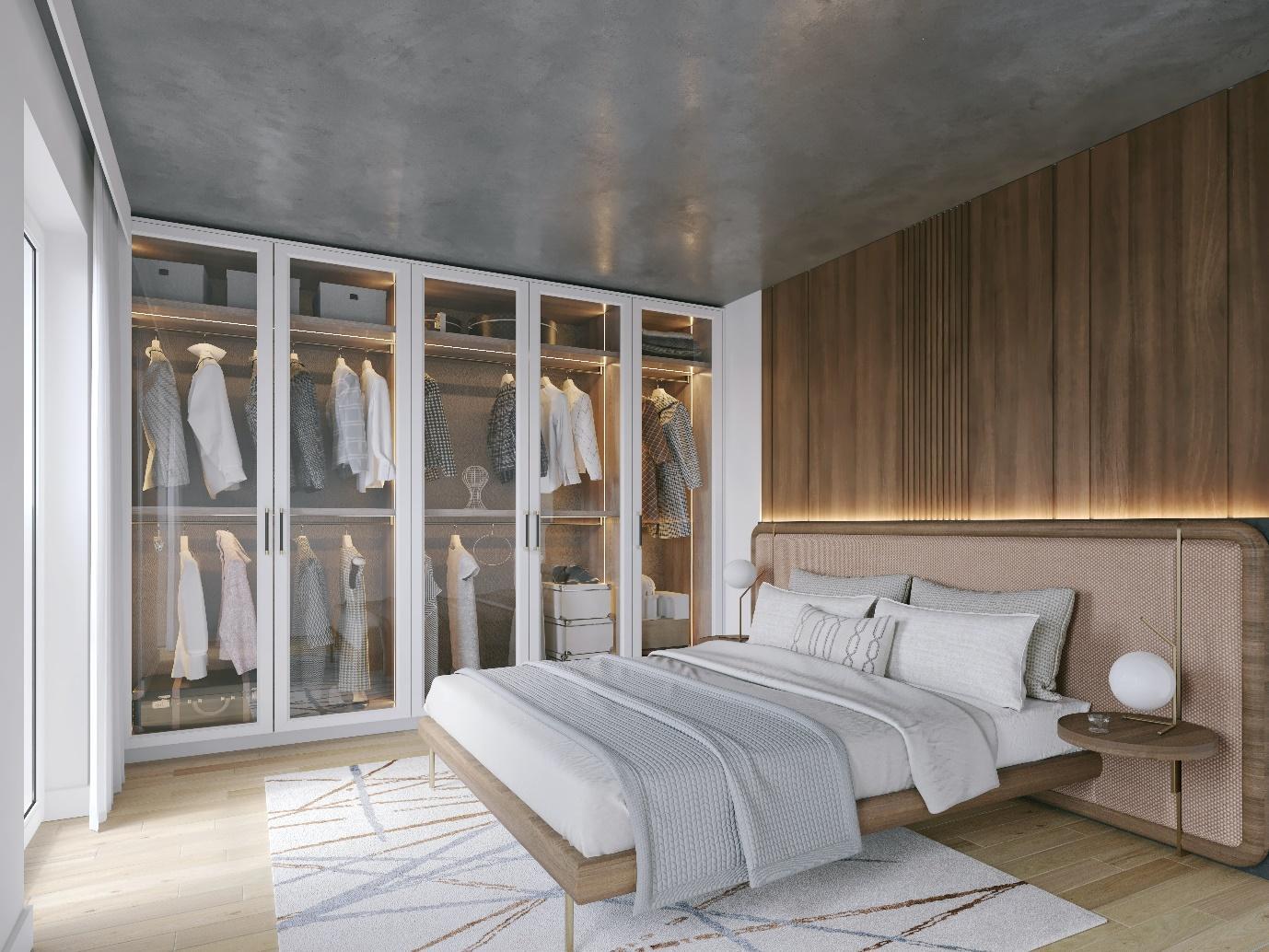 Bedroom with transparent closet