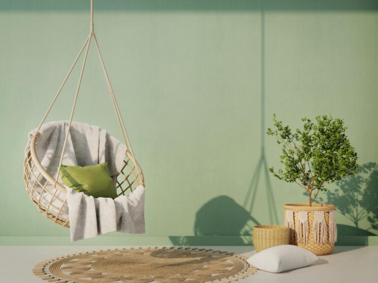 Classic green themed room with hanging chairs