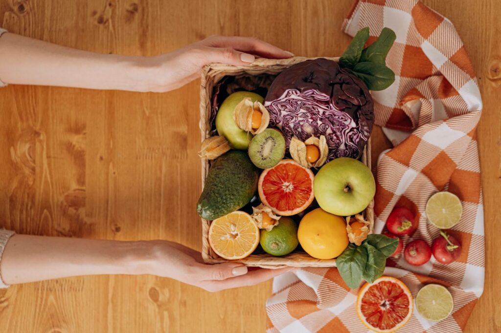 Hamper fill with fruits and vegetables